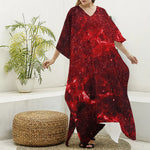 Red Stardust Universe Galaxy Space Print Silk V-Neck Kaftan Dress