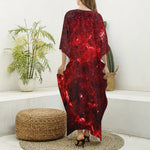 Red Stardust Universe Galaxy Space Print Silk V-Neck Kaftan Dress
