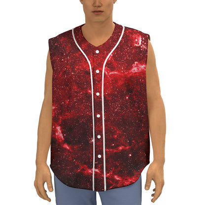 Red Stardust Universe Galaxy Space Print Sleeveless Baseball Jersey