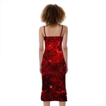 Red Stardust Universe Galaxy Space Print Slim Fit Midi Cami Dress