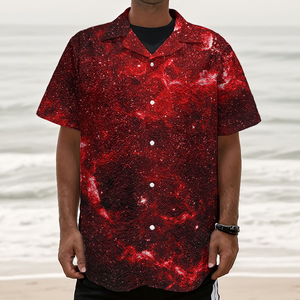 Red Stardust Universe Galaxy Space Print Textured Short Sleeve Shirt