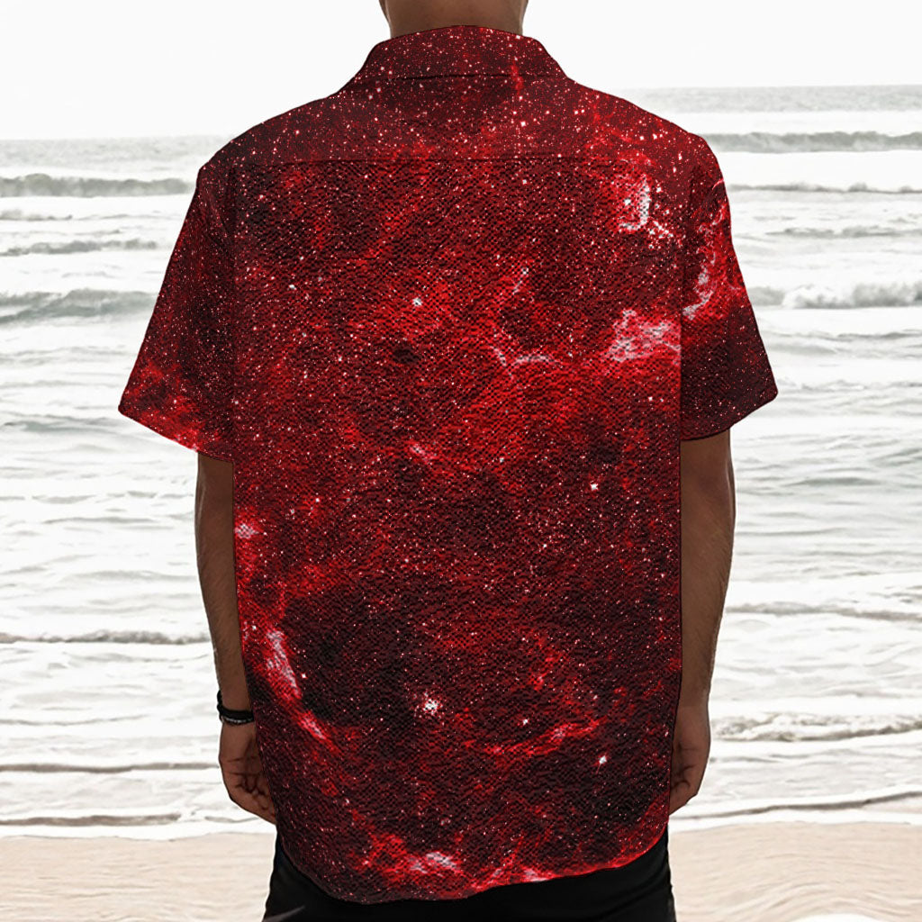 Red Stardust Universe Galaxy Space Print Textured Short Sleeve Shirt