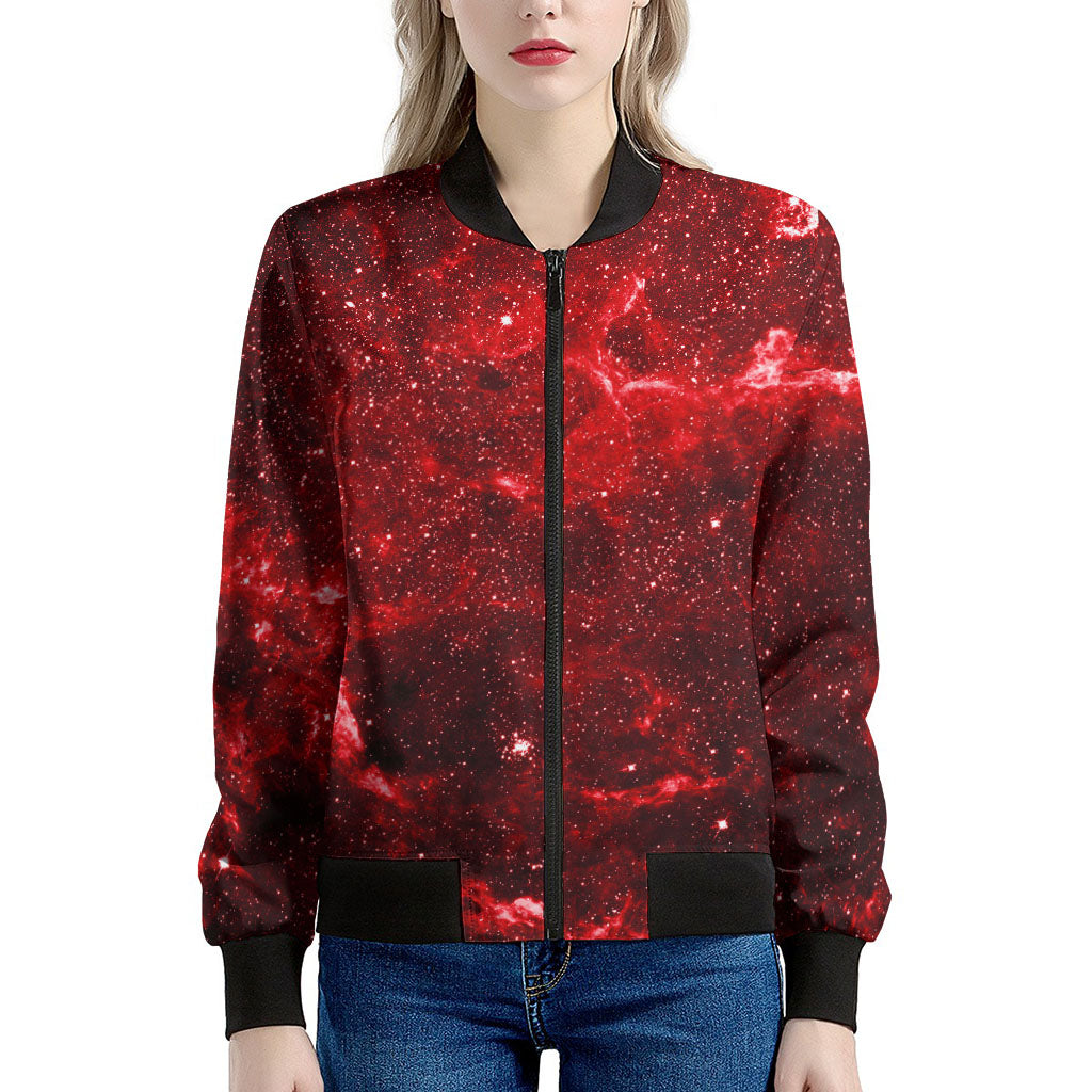 Red Stardust Universe Galaxy Space Print Women's Bomber Jacket