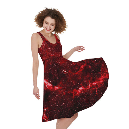 Red Stardust Universe Galaxy Space Print Women's Sleeveless Dress