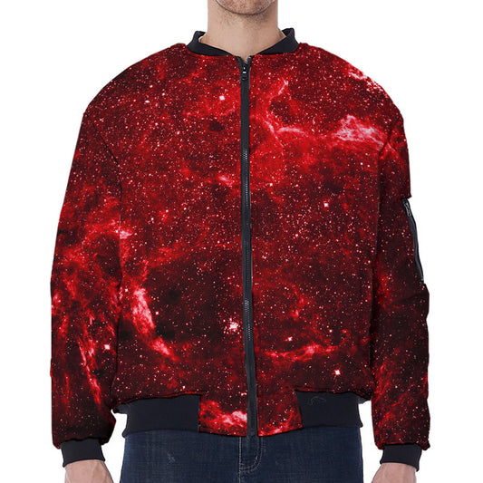 Red Stardust Universe Galaxy Space Print Zip Sleeve Bomber Jacket