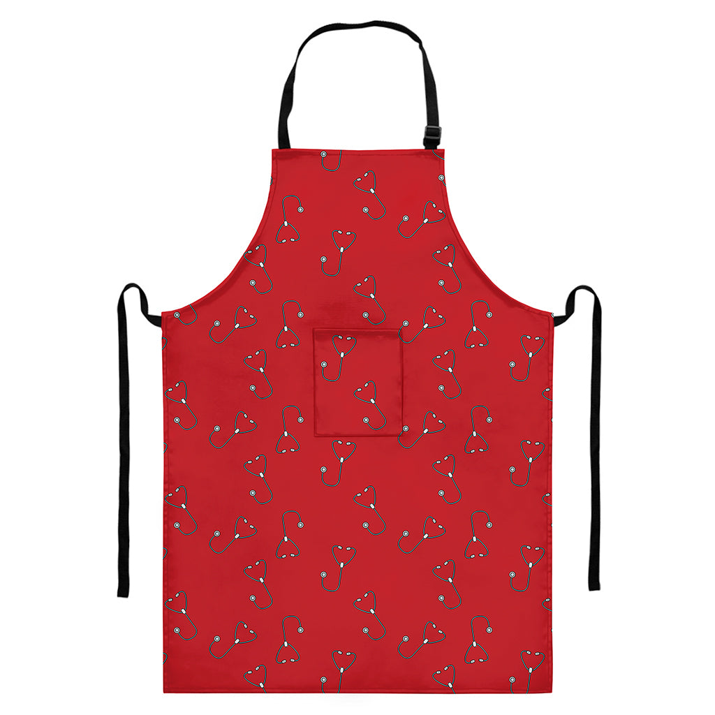 Red Stethoscope Pattern Print Bib Apron With Pocket