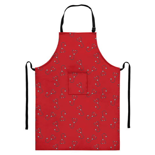 Red Stethoscope Pattern Print Bib Apron With Pocket