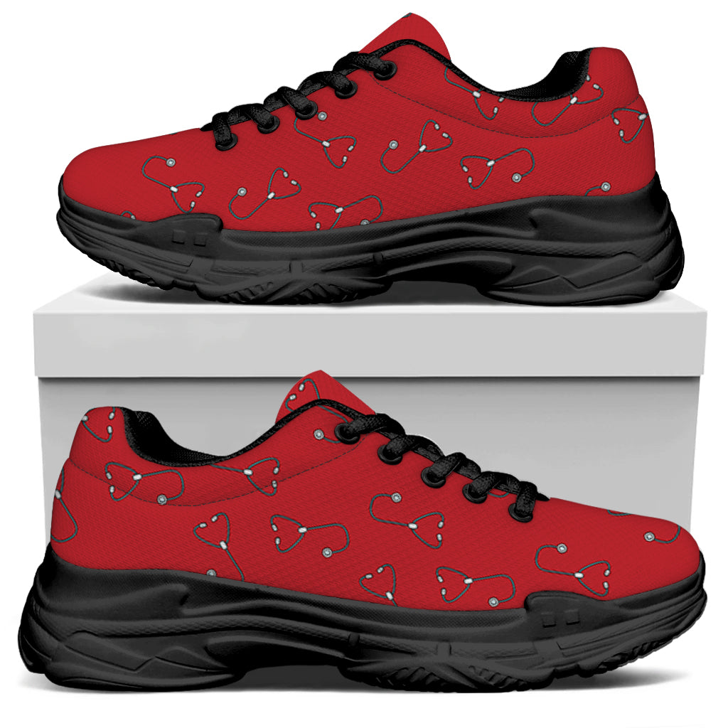 Red Stethoscope Pattern Print Black Chunky Shoes