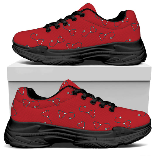 Red Stethoscope Pattern Print Black Chunky Shoes