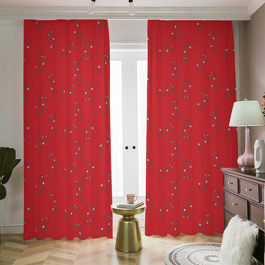 Red Stethoscope Pattern Print Blackout Pencil Pleat Curtains
