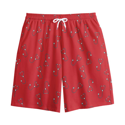 Red Stethoscope Pattern Print Cotton Shorts