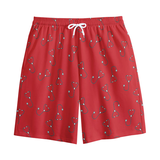 Red Stethoscope Pattern Print Cotton Shorts