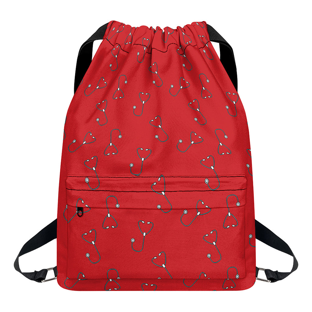 Red Stethoscope Pattern Print Drawstring Backpack