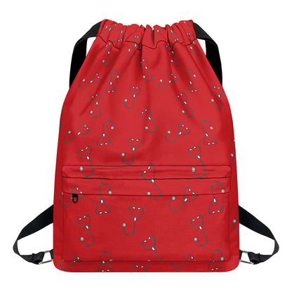 Red Stethoscope Pattern Print Drawstring Backpack