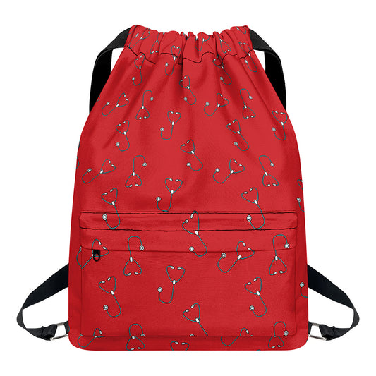 Red Stethoscope Pattern Print Drawstring Backpack