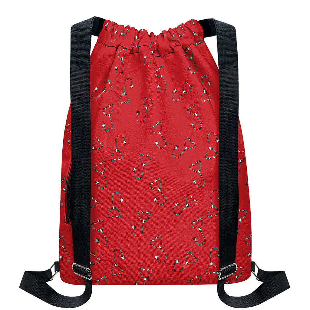 Red Stethoscope Pattern Print Drawstring Backpack