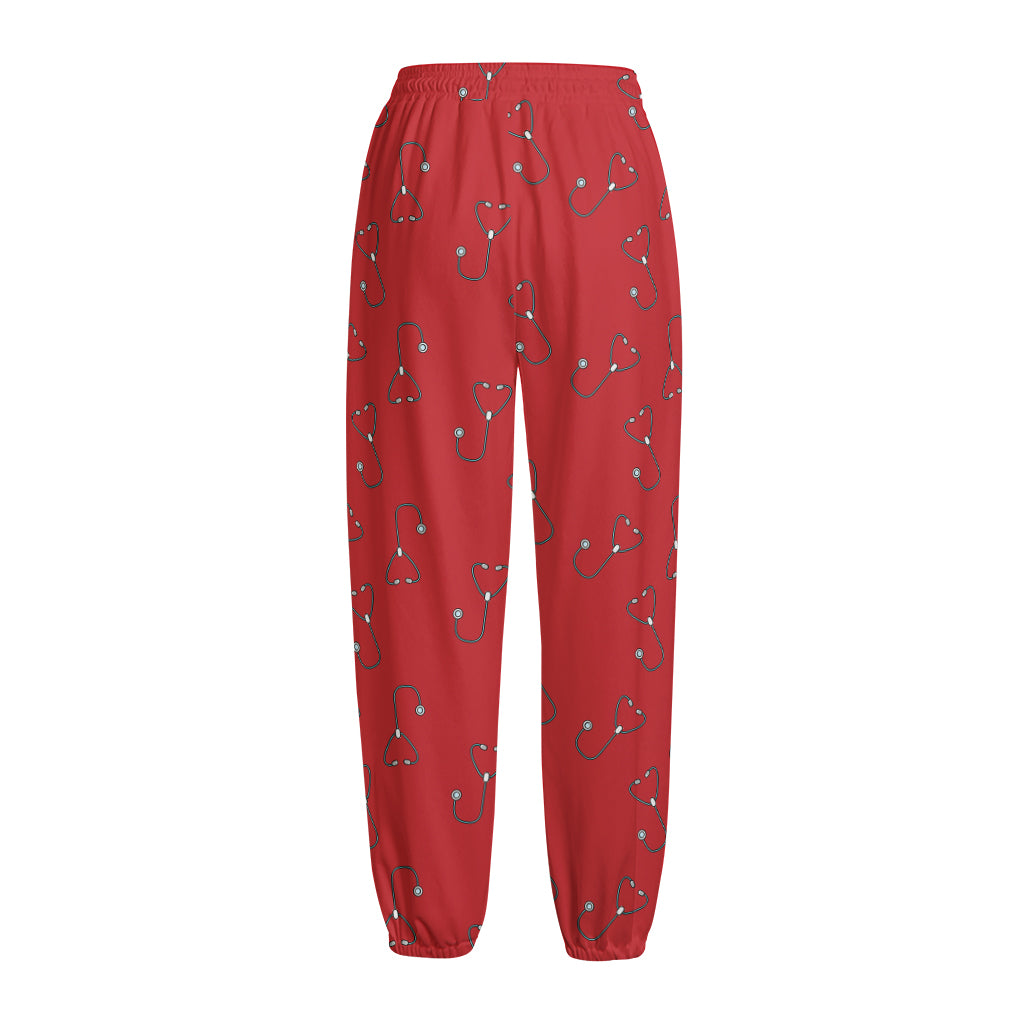 Red Stethoscope Pattern Print Fleece Lined Knit Pants