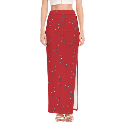 Red Stethoscope Pattern Print High Slit Maxi Skirt