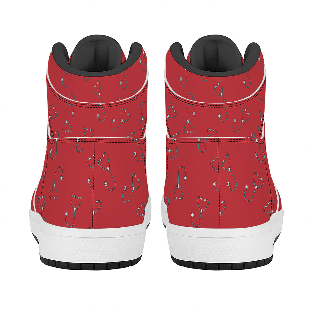 Red Stethoscope Pattern Print High Top Leather Sneakers
