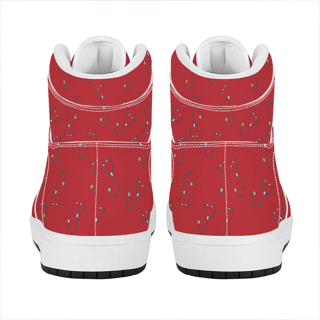 Red Stethoscope Pattern Print High Top Leather Sneakers