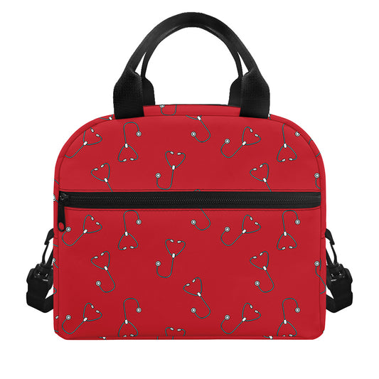 Red Stethoscope Pattern Print Insulated Lunch Bag