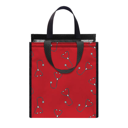 Red Stethoscope Pattern Print Insulated Lunch Tote