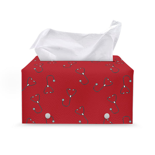Red Stethoscope Pattern Print Leather Tissue Box Cover