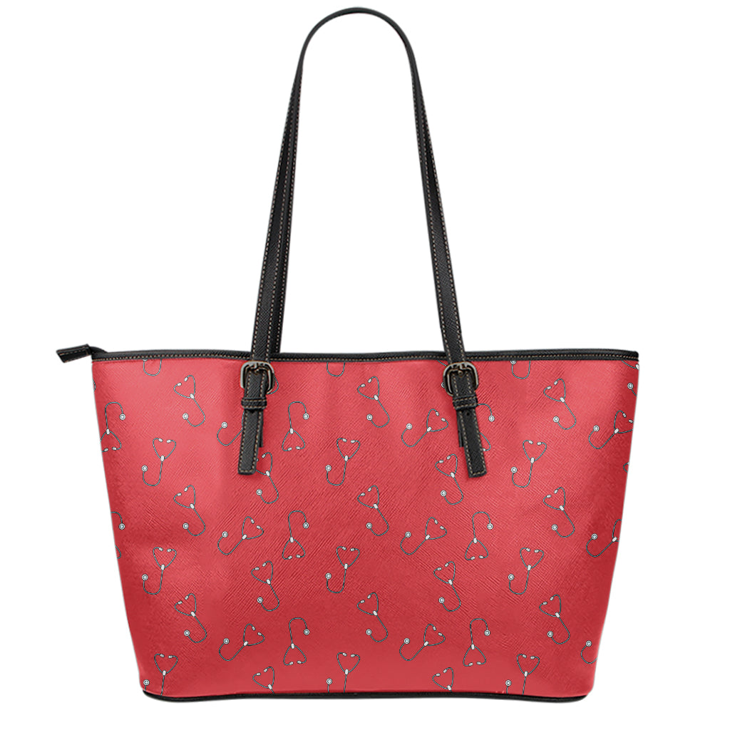 Red Stethoscope Pattern Print Leather Tote Bag