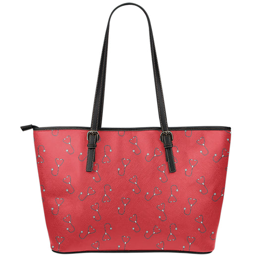 Red Stethoscope Pattern Print Leather Tote Bag