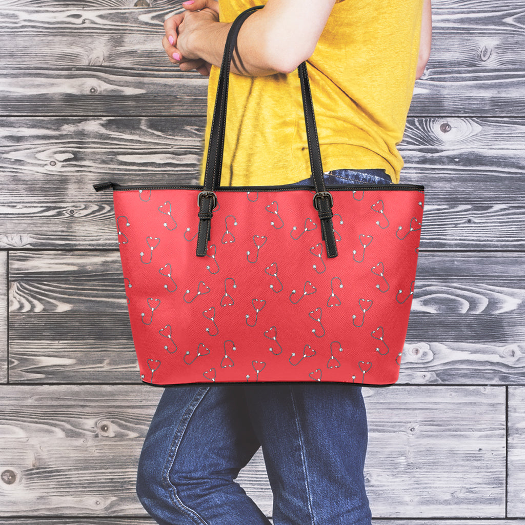 Red Stethoscope Pattern Print Leather Tote Bag
