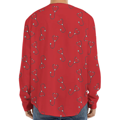 Red Stethoscope Pattern Print Long Sleeve Baseball Jersey