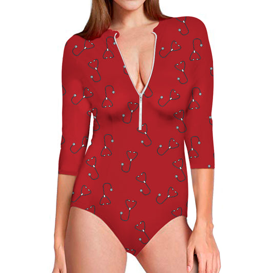 Red Stethoscope Pattern Print Long Sleeve Swimsuit