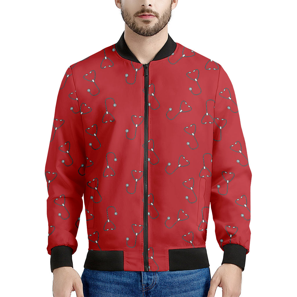 Red Stethoscope Pattern Print Men's Bomber Jacket