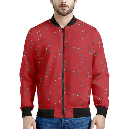 Red Stethoscope Pattern Print Men's Bomber Jacket