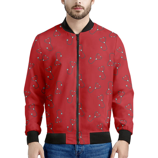 Red Stethoscope Pattern Print Men's Bomber Jacket