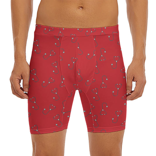 Red Stethoscope Pattern Print Men's Long Boxer Briefs