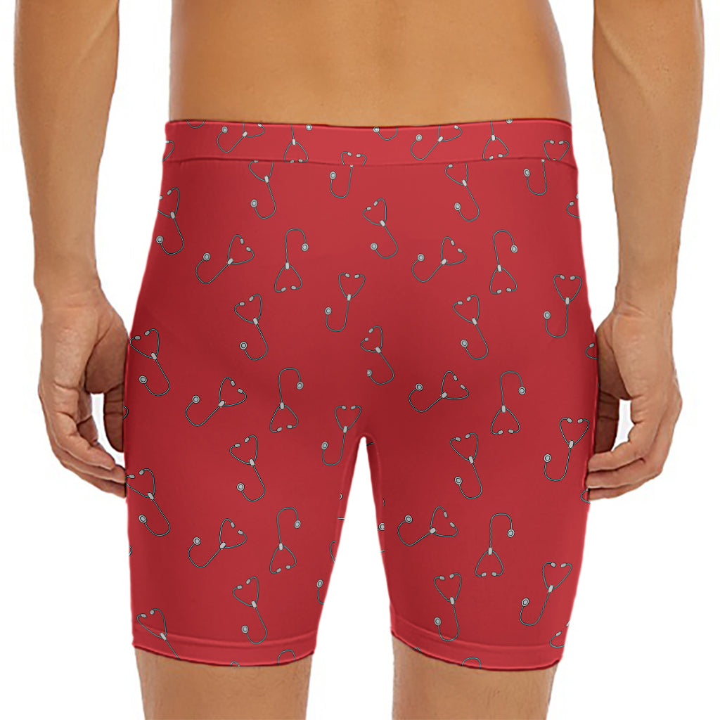 Red Stethoscope Pattern Print Men's Long Boxer Briefs