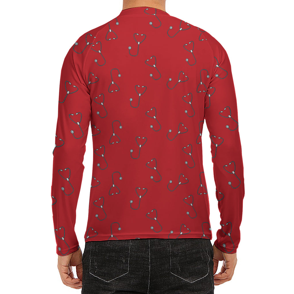 Red Stethoscope Pattern Print Men's Long Sleeve Rash Guard