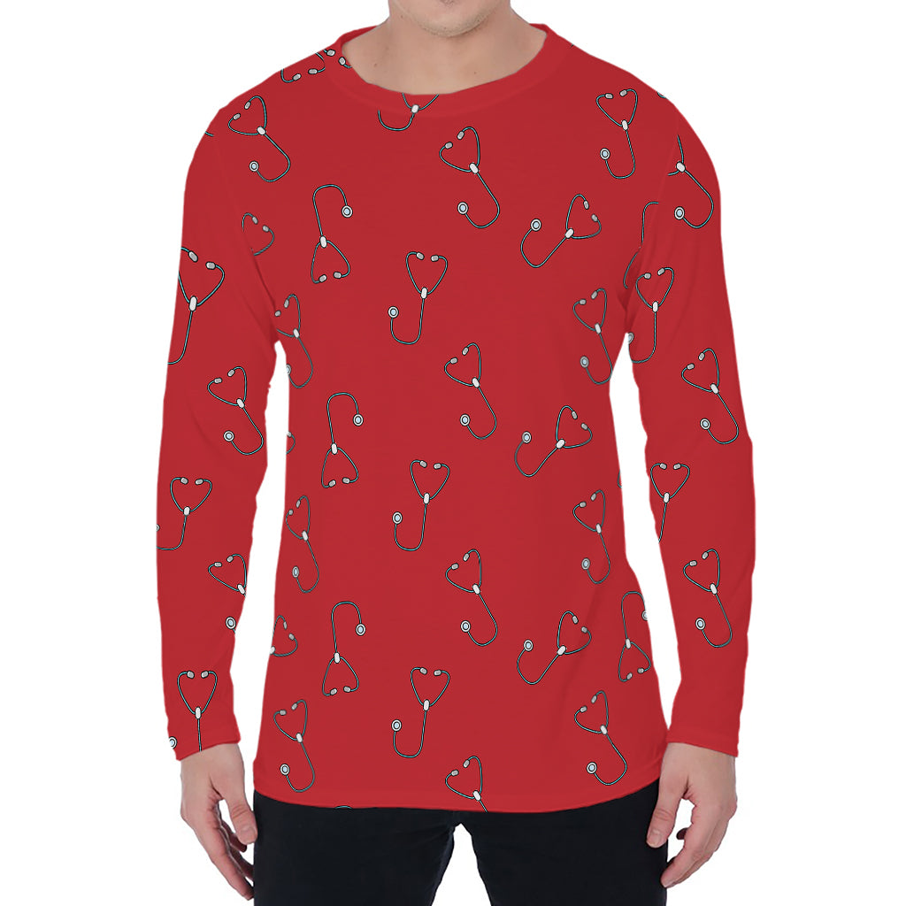 Red Stethoscope Pattern Print Men's Long Sleeve T-Shirt