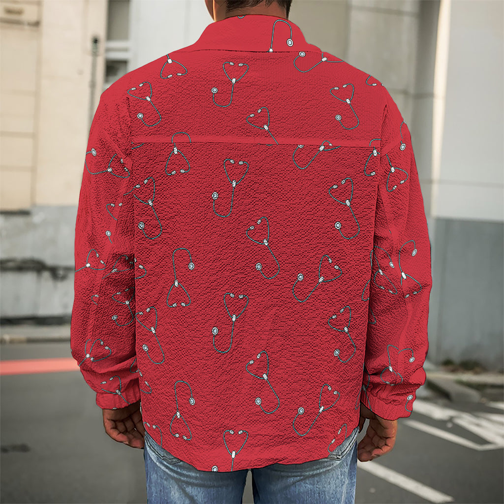 Red Stethoscope Pattern Print Men's Shirt Jacket