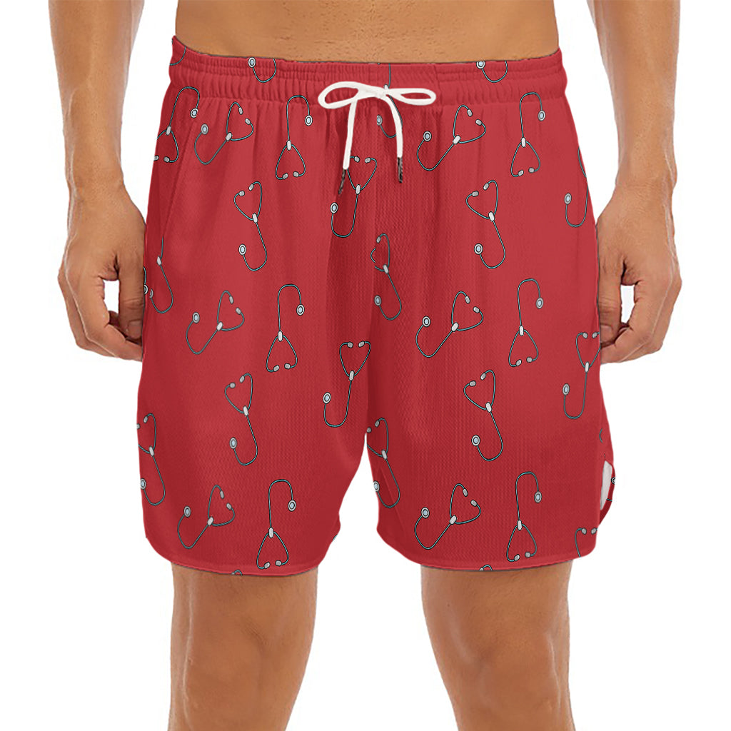 Red Stethoscope Pattern Print Men's Split Running Shorts