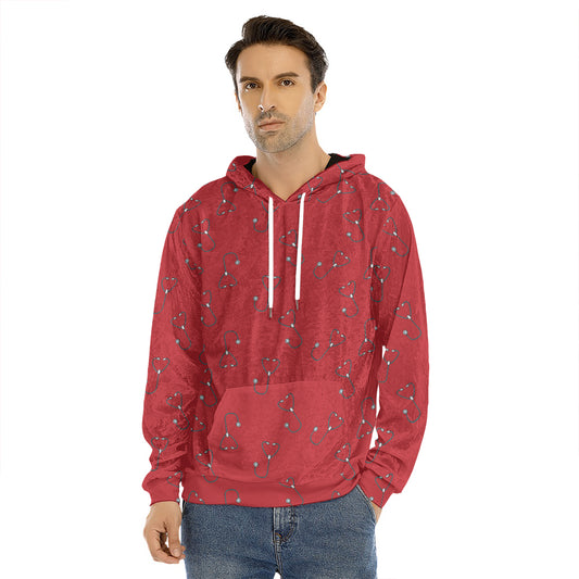 Red Stethoscope Pattern Print Men's Velvet Pullover Hoodie