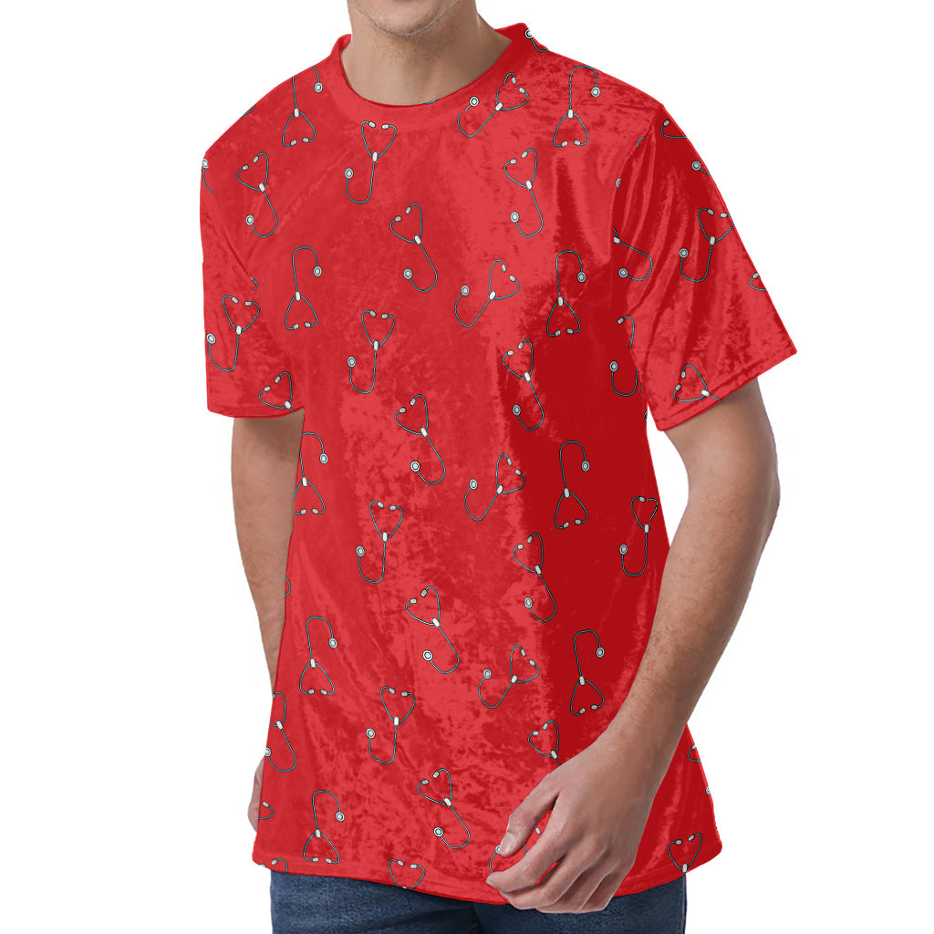 Red Stethoscope Pattern Print Men's Velvet T-Shirt