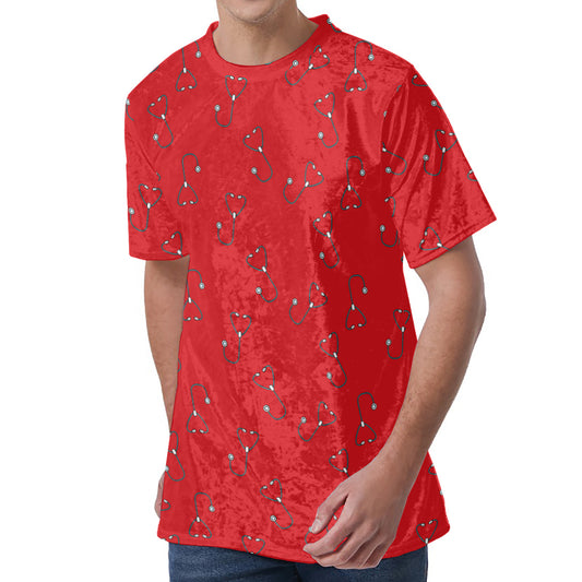 Red Stethoscope Pattern Print Men's Velvet T-Shirt