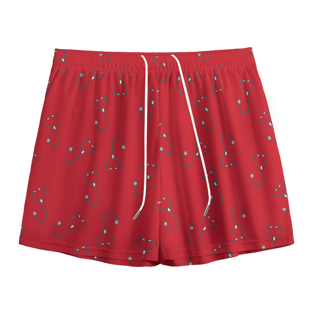 Red Stethoscope Pattern Print Mesh Shorts