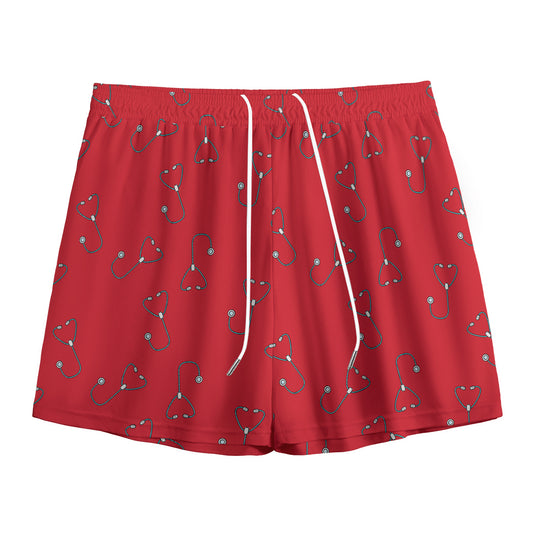 Red Stethoscope Pattern Print Mesh Shorts