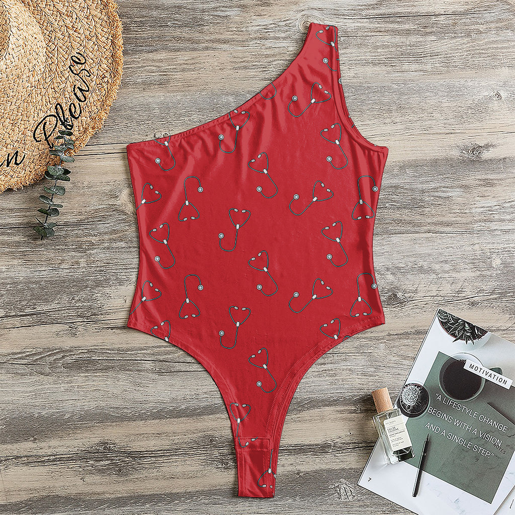 Red Stethoscope Pattern Print One Shoulder Bodysuit