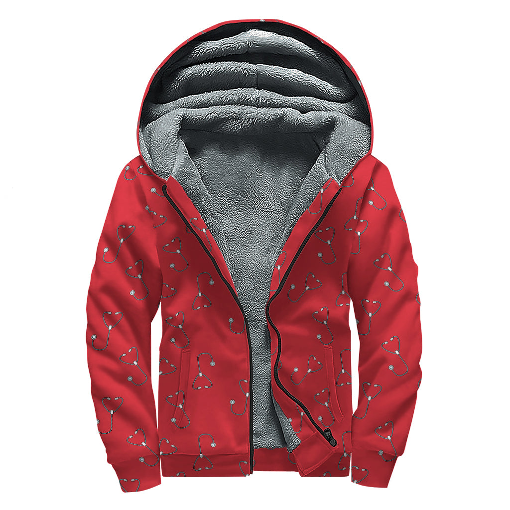 Red Stethoscope Pattern Print Sherpa Lined Zip Up Hoodie