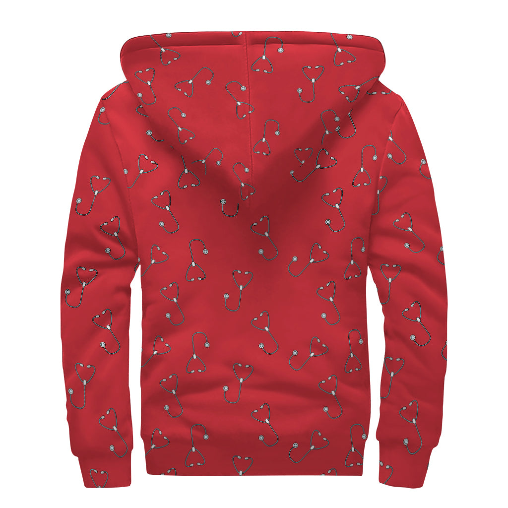 Red Stethoscope Pattern Print Sherpa Lined Zip Up Hoodie