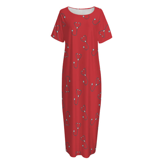 Red Stethoscope Pattern Print Short Sleeve Long Nightdress